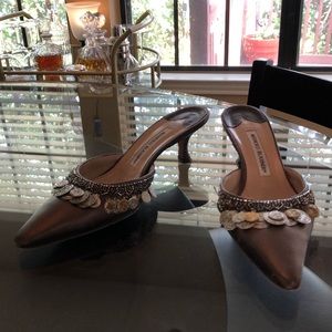 Manolo Blahnik Bronze Leather Coin Mules